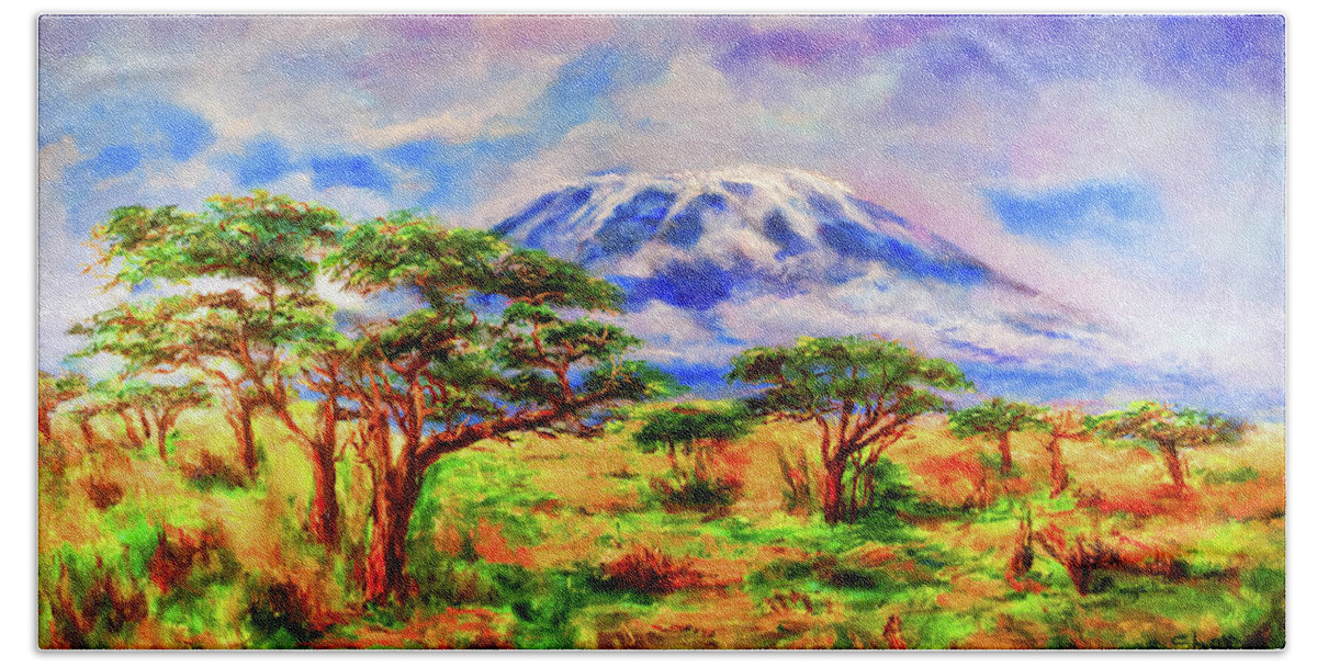 Africa Hand Towel featuring the painting Mount Kilimanjaro Tanzania by Sher Nasser Artist
