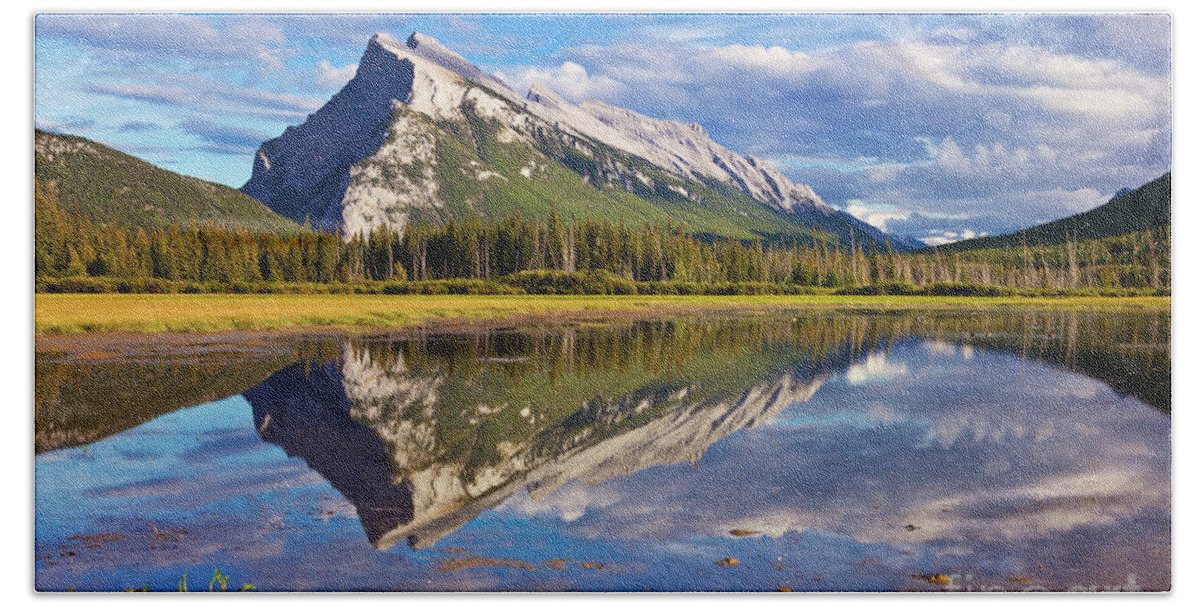 Mount Rundle Hand Towel featuring the photograph Mount Rundle reflected in Vermillion Lakes, Canadian Rockies by Neale And Judith Clark