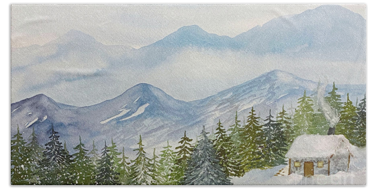 Mountains Bath Towel featuring the painting Mountain Cabin by Lisa Neuman