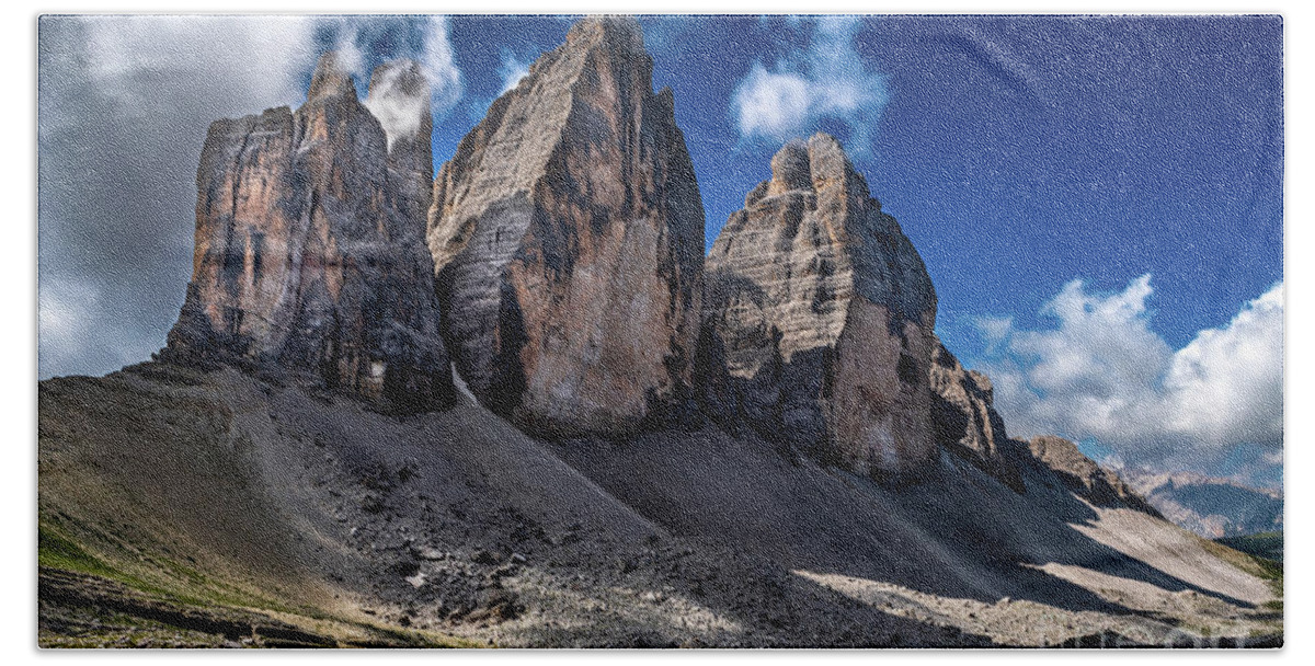 Alpine Bath Towel featuring the photograph Mountain Formation Tre Cime Di Lavaredo In The Dolomites Of South Tirol In Italy by Andreas Berthold