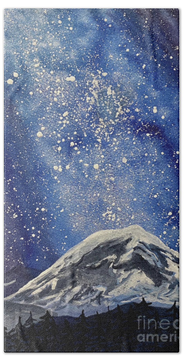Mount Rainier Bath Towel featuring the painting Mountain with Night Sky by Lisa Neuman