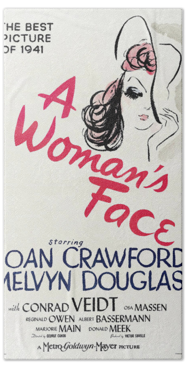 Woman's Hand Towel featuring the mixed media Movie poster for ''A Woman's Face'', with Joan Crawford, 1941 by Stars on Art