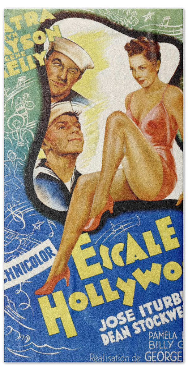 Anchors Hand Towel featuring the mixed media Movie poster for ''Anchors Aweigh'', with Frank Sinatra and Gene Kelly, 1945 by Movie World Posters