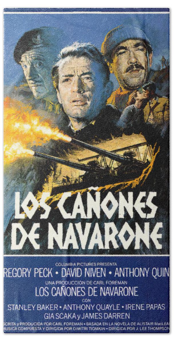 Guns Hand Towel featuring the mixed media Movie poster for ''The Guns of Navarone'', with Gregory Peck, 1961 by Movie World Posters
