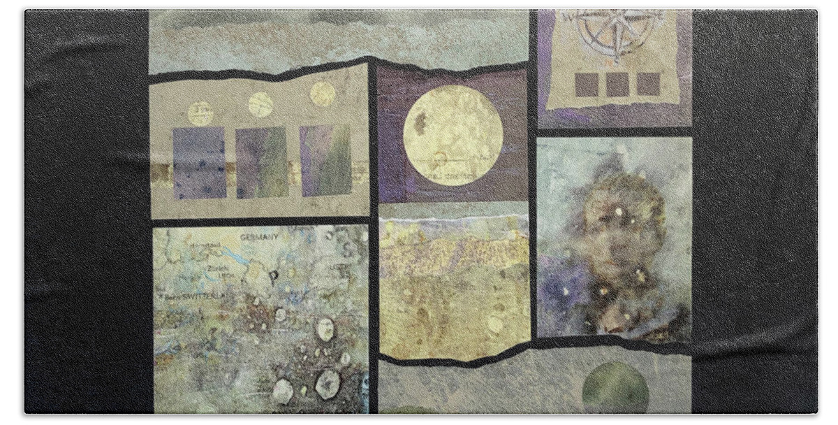Collage Bath Towel featuring the mixed media Moving Through the World by MaryJo Clark