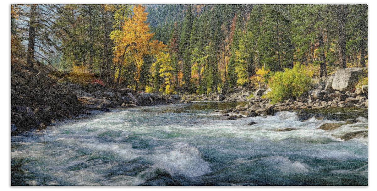 Moving Water On The Wenatchee River Hand Towel featuring the photograph Moving water on the Wenatchee River by Lynn Hopwood