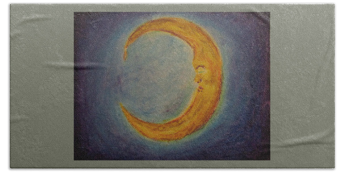 Sleeping Moon Bath Towel featuring the pastel Mr. Moon by Jen Shearer