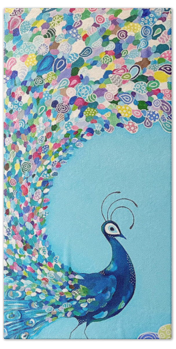 Blues Bath Towel featuring the painting Mr. Peacock by Beth Ann Scott