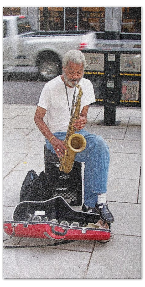 Portraits Hand Towel featuring the photograph Sax Man Busking by Walter Neal