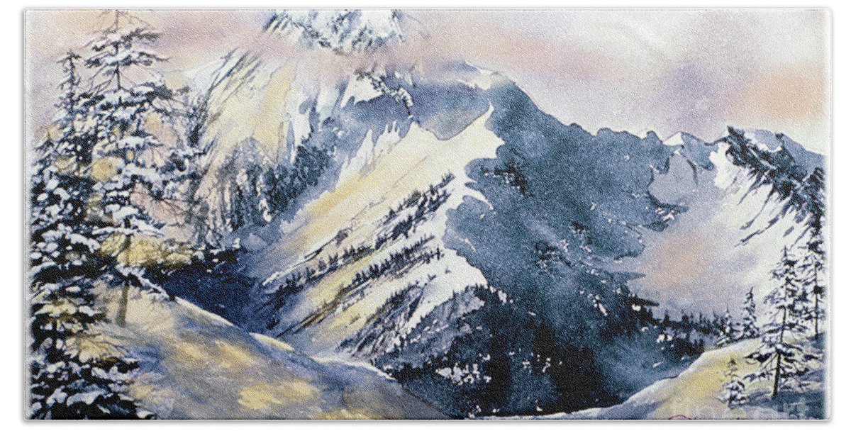 Aspen Bath Towel featuring the painting Mt. Daly Alpenglow by Jill Westbrook