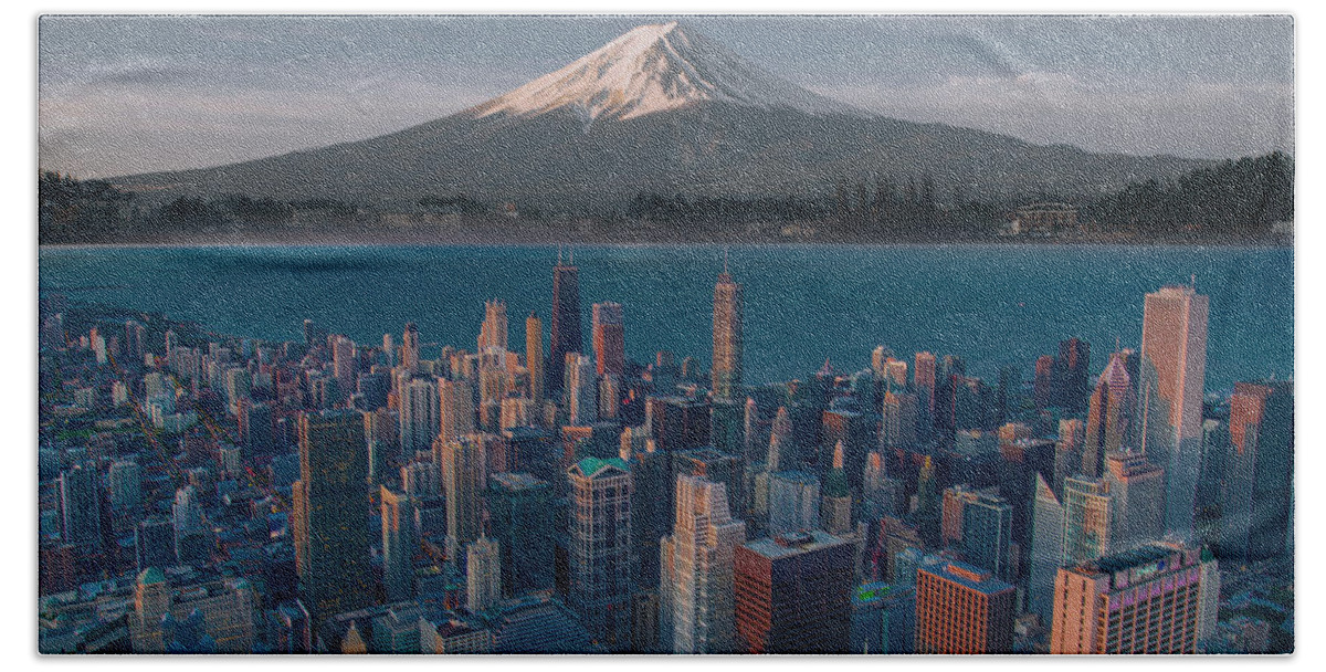 Mt Fuji And Chicago Bath Towel featuring the digital art Mt Fuji and Chicago by Celestial Images