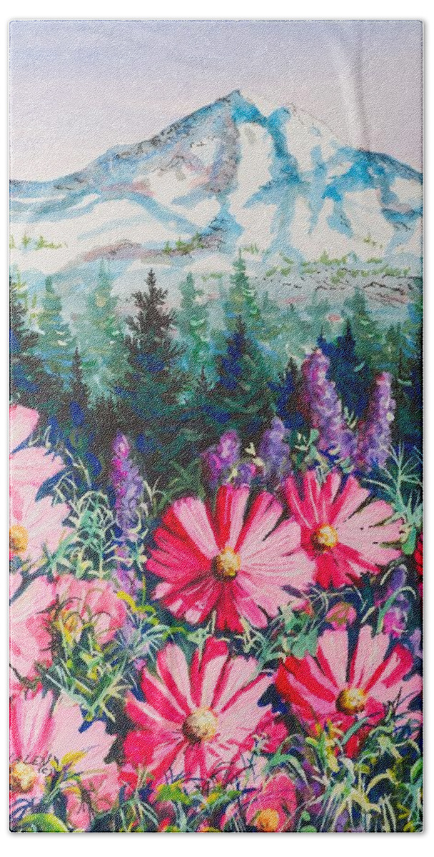 Mountain Bath Towel featuring the painting Mt. Hood Cosmos by Diane Phalen