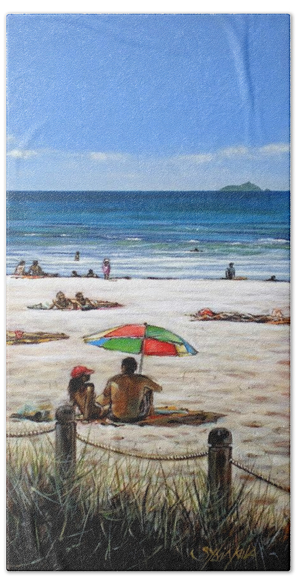 Beach Hand Towel featuring the painting Mt Maunganui Beach 090209 by Sylvia Kula