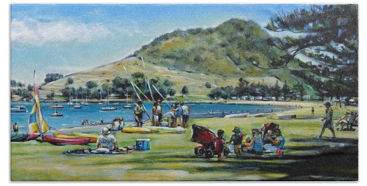 Seascape Hand Towel featuring the painting Mt Maunganui Pilot Bay 201210 by Selena Boron