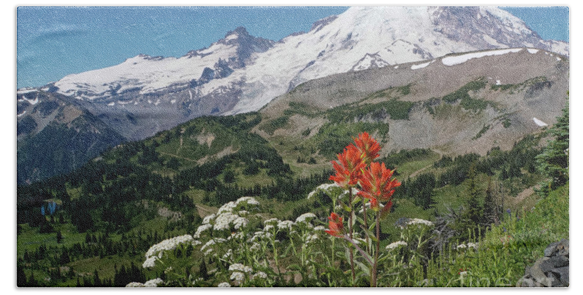 Mount Rainier Hand Towel featuring the photograph Mt. Rainier with Paintbrush Wildflower by Nancy Gleason