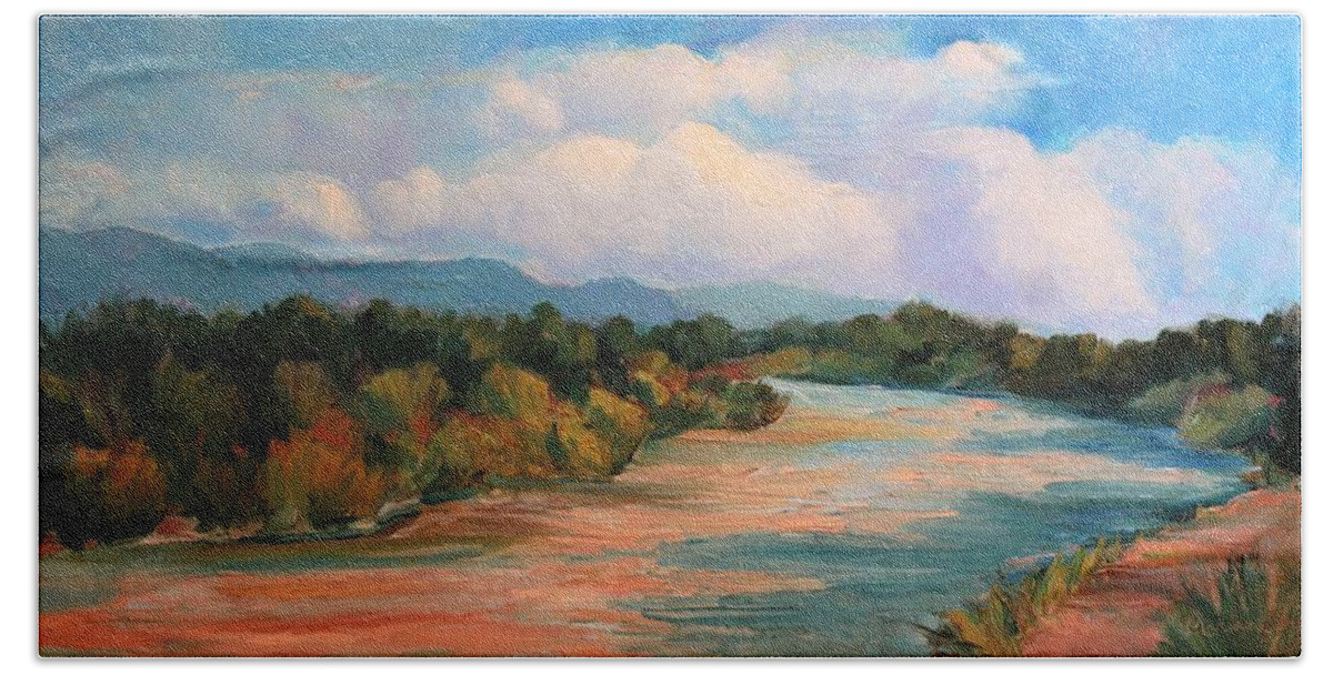 Plein Air Bath Towel featuring the painting Muddy River after the Rain by Marian Berg