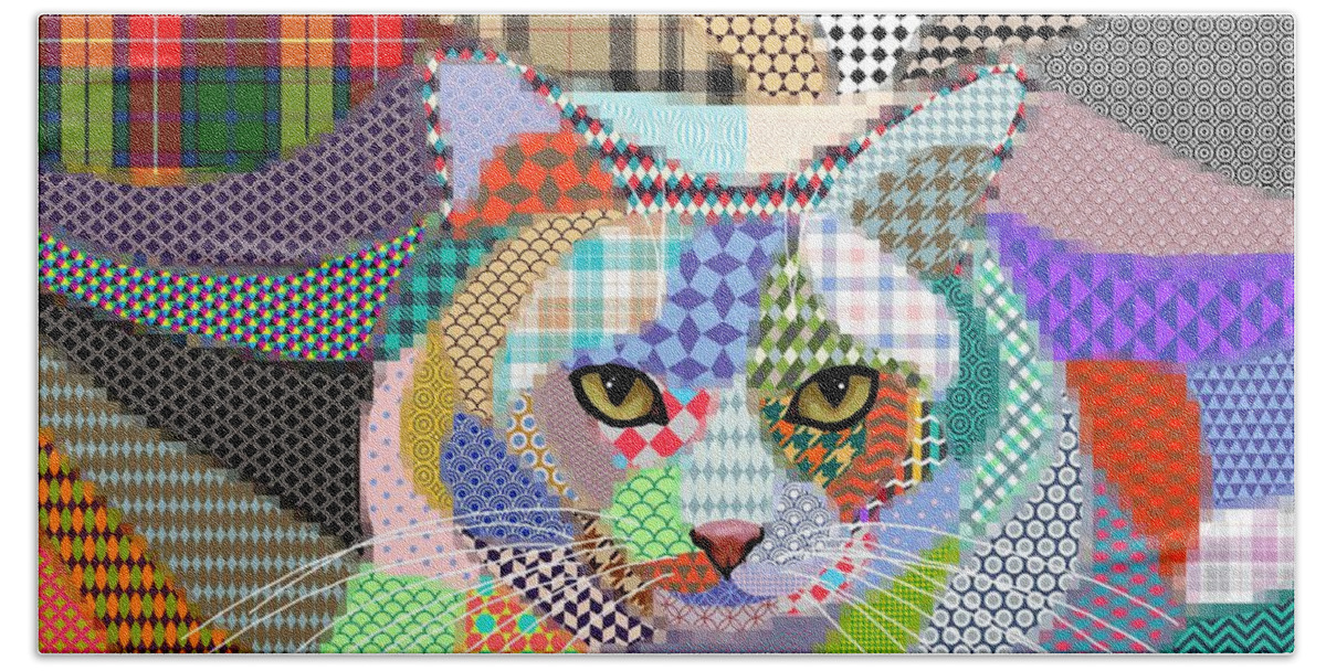 Cat Hand Towel featuring the digital art Multicolor Cat 678 Patterns by Lucie Dumas