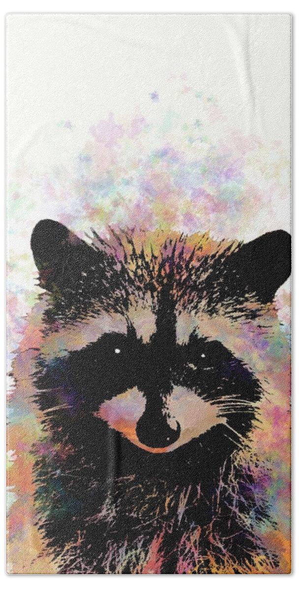 Raccoon Hand Towel featuring the mixed media Multicolor Raccoon 27 by Lucie Dumas