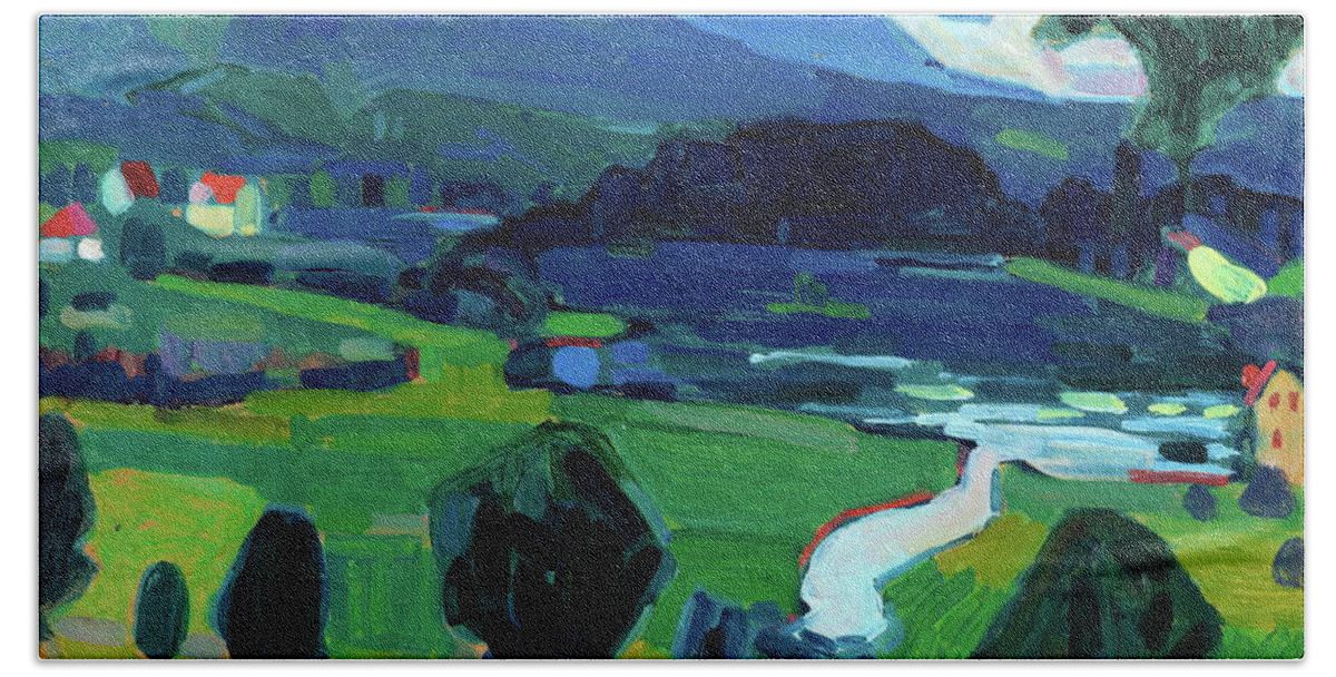 Murnau Hand Towel featuring the painting Murnau, View over the Staffelsee, summer 1908 by Wassily Kandinsky