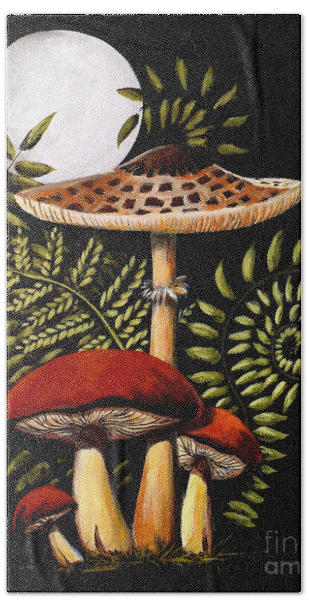 Cottagecore Bath Towel featuring the painting Mushroom Moon  cottagecore by Debbie Criswell