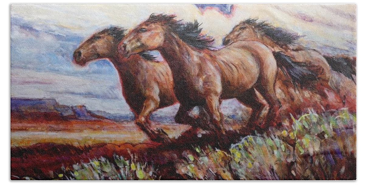  Wild Horses.  Mustangs. Bath Towel featuring the painting Mustangs running by Ronald Shelley