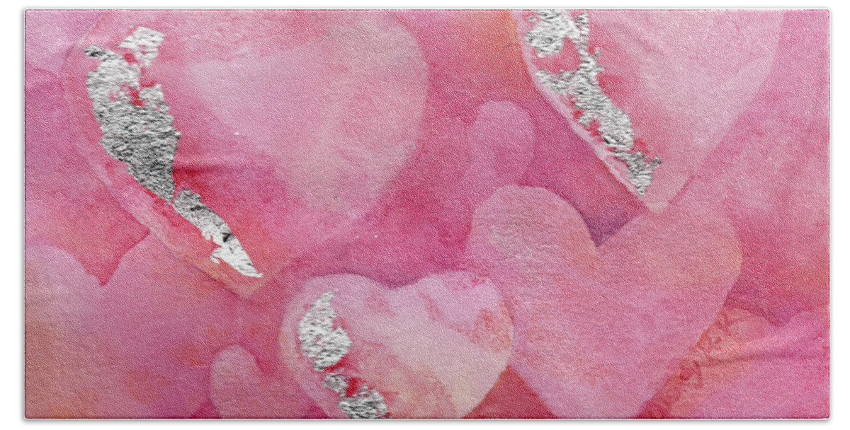 Heart Hand Towel featuring the painting My Pink and Silver Valentine by Wendy Keeney-Kennicutt