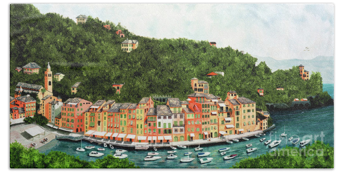 Portofino Bath Towel featuring the painting My Portofino - prints of oil painting by Mary Grden