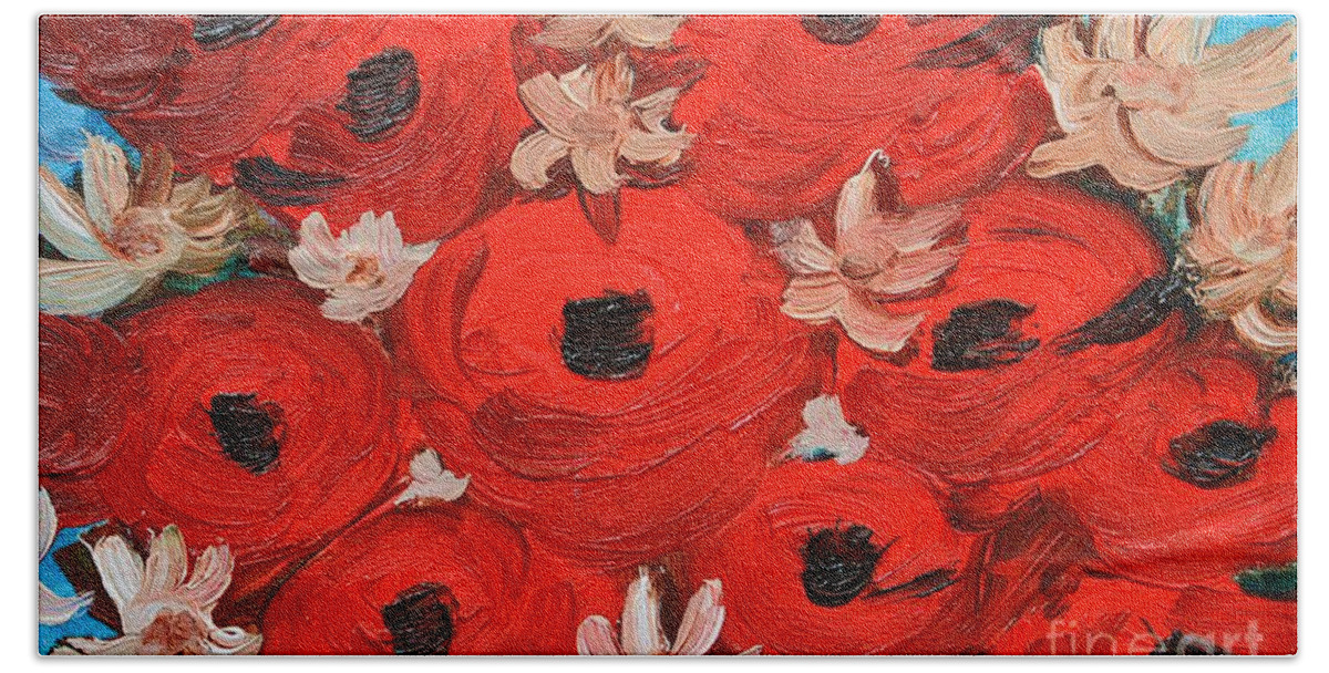 Red Bath Towel featuring the painting My Sweet Red Poppies by Ramona Matei