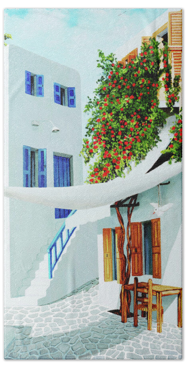 Mykonos Greece Hand Towel featuring the painting MYKONOS WALK-prints of painting by Mary Grden