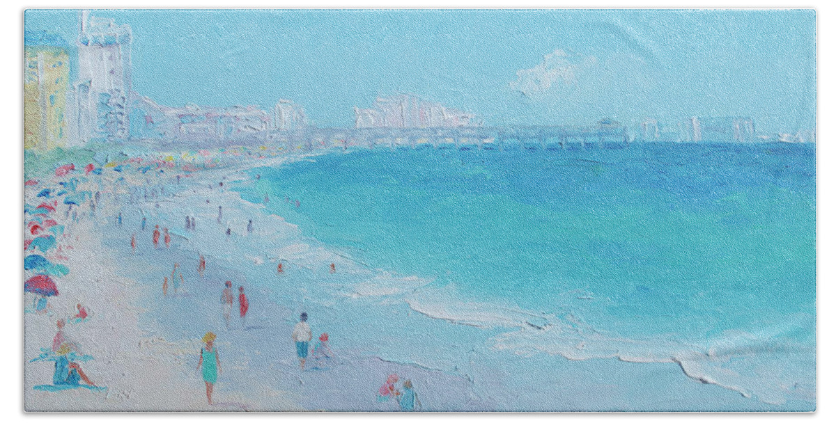 Seascape Hand Towel featuring the painting Myrtle Beach and Springmaid Pier, beach impression by Jan Matson