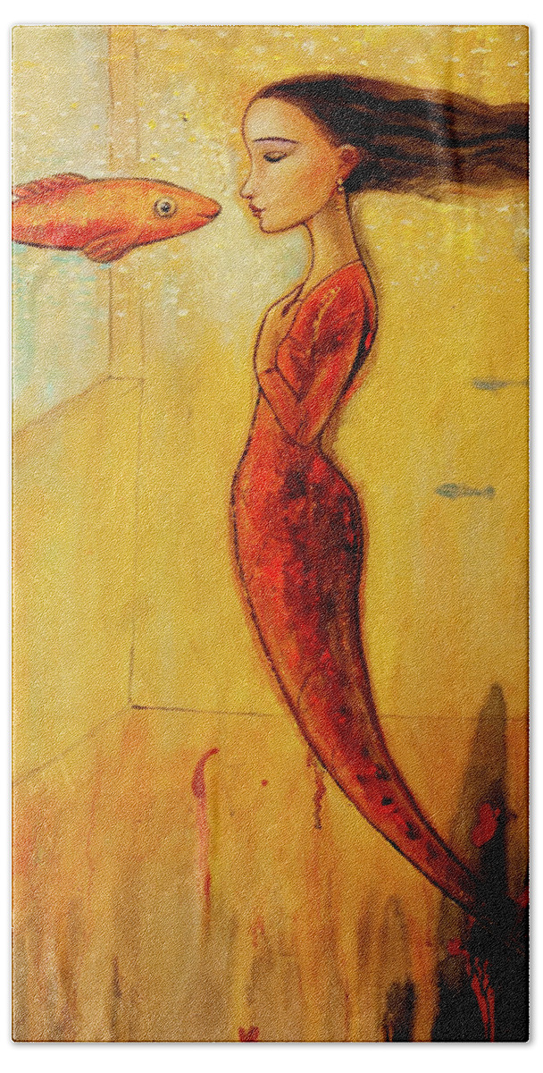 Mermaid Hand Towel featuring the painting Mystic Mermaid by Shijun Munns