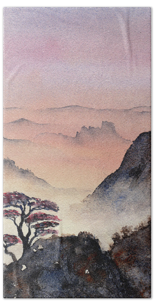 Mountains Hand Towel featuring the painting Mystic Mountains No. 2 by Wendy Keeney-Kennicutt