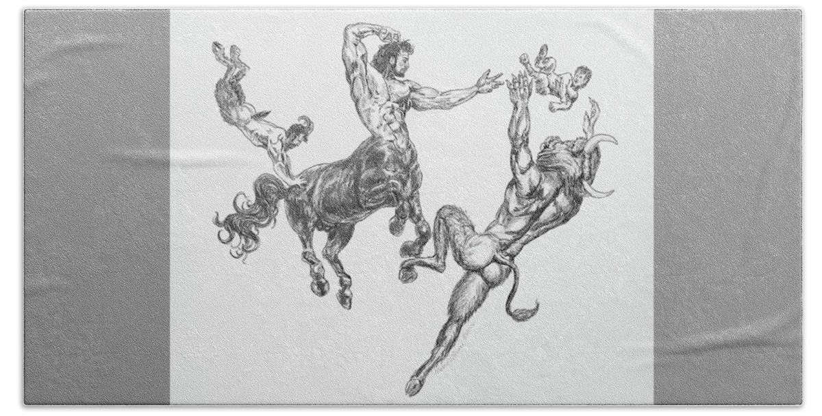 Satyr Hand Towel featuring the drawing Mythic Memories by Marc DeBauch
