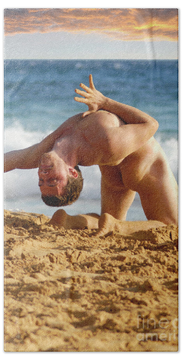 Nude Bath Towel featuring the photograph Naked Yoga man shows off is moves. by Gunther Allen
