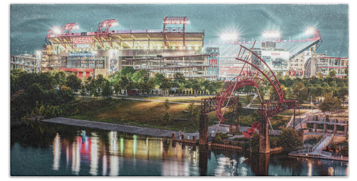 Tennessee Titans Hand Towel featuring the photograph Nashville Tennessee Football Stadium on the Cumberland River Panorama by Gregory Ballos