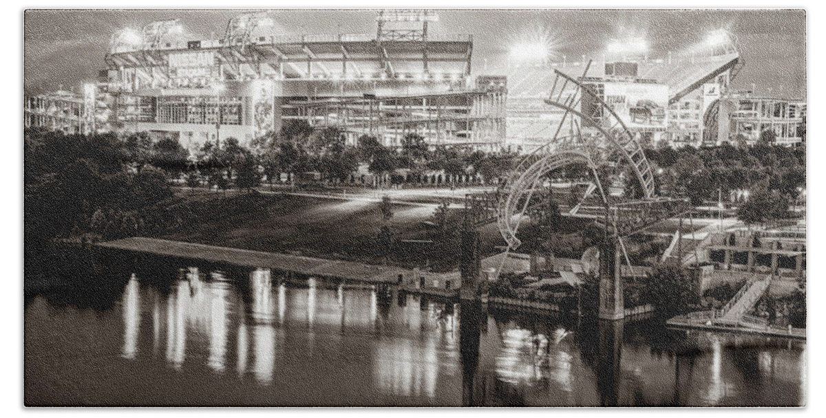 Tennessee Football Hand Towel featuring the photograph Nashville Tennessee Stadium Lights Along the Cumberland River in Sepia by Gregory Ballos