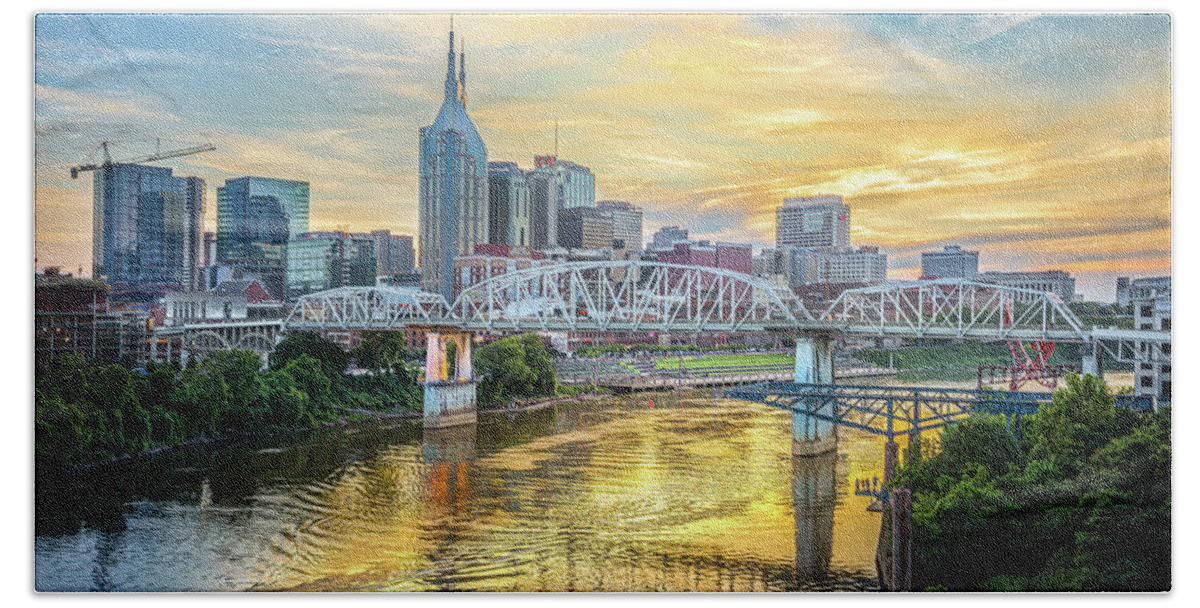 Nashville Hand Towel featuring the photograph Nashville Tennessee Sunset At Cumberland River by Jordan Hill