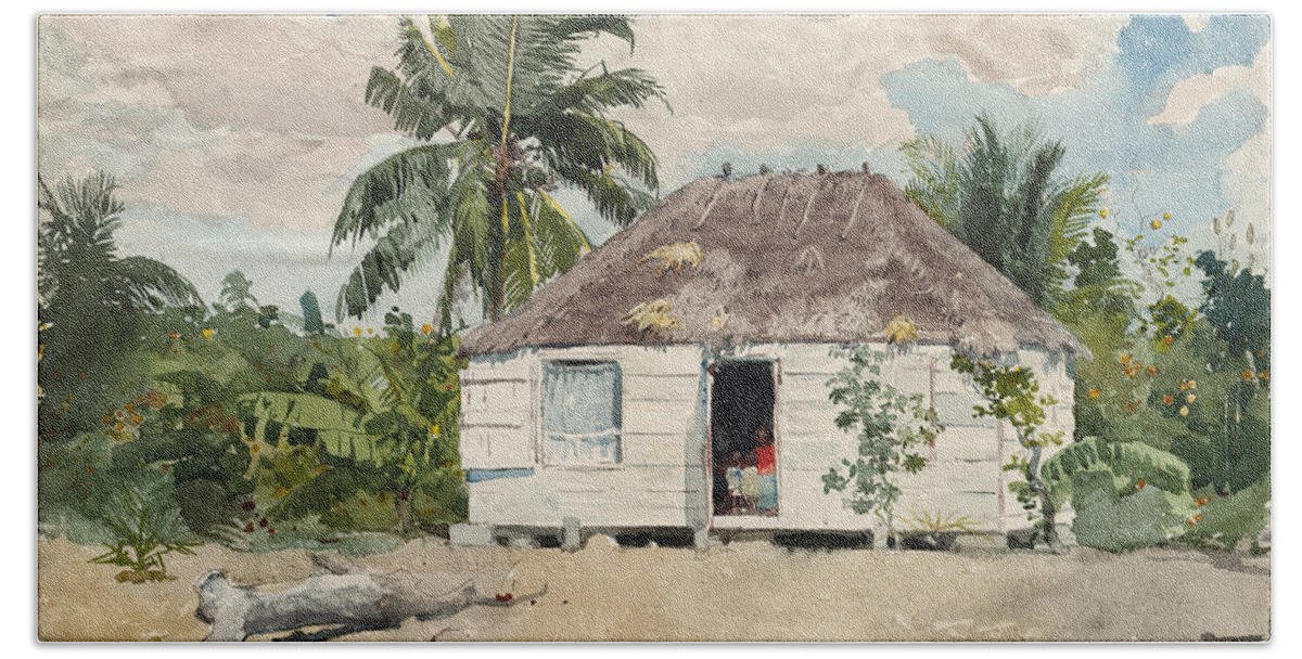 Winslow Homer Bath Towel featuring the drawing Native hut at Nassau by Winslow Homer