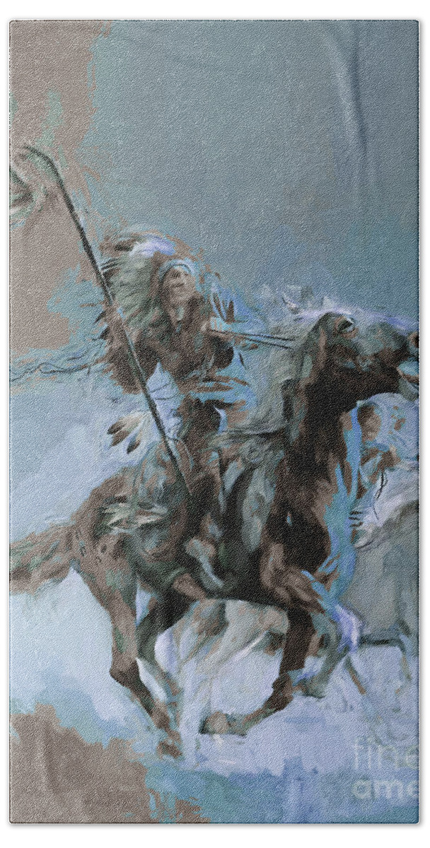 Westcoast Bath Towel featuring the painting Native on Horse fighting 01 by Gull G