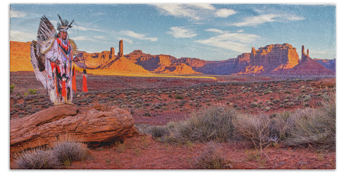 Southwest Bath Towel featuring the photograph Navajo Fancy Dancer at Valley Of The Gods - 1 by Dan Norris