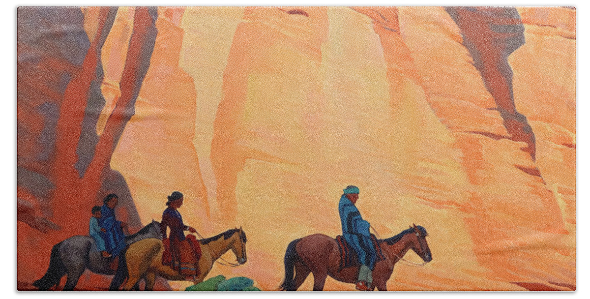 Maynard Dixon Hand Towel featuring the painting Navajos in a Canyon by Maynard Dixon