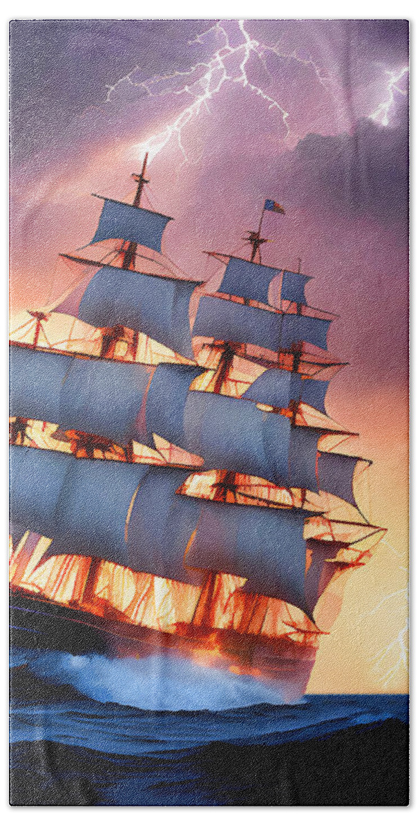 Ship Bath Towel featuring the mixed media Navigating the Storm by Pennie McCracken