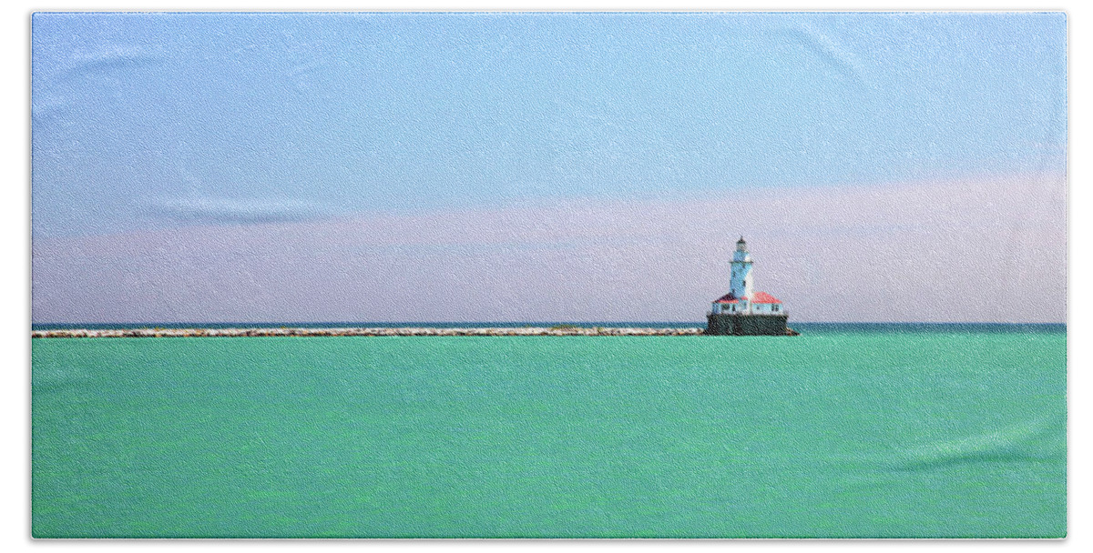 Lighthouse Bath Towel featuring the photograph Navy Pier Lighthouse Lake Michigan by Patrick Malon