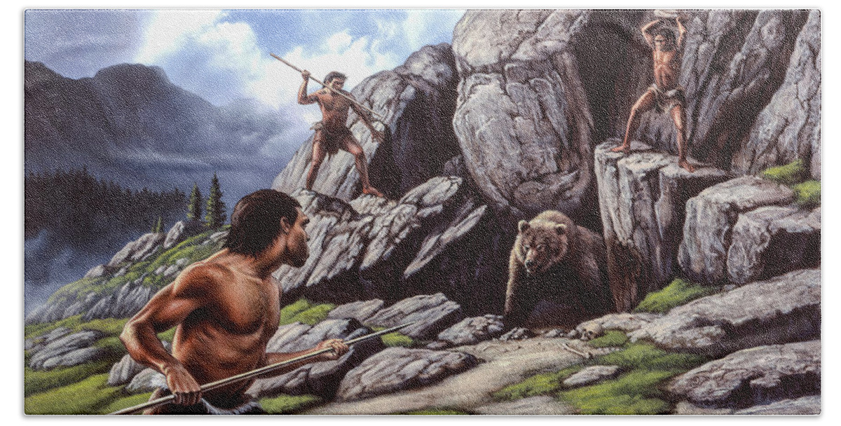 Pleistocene Bath Sheet featuring the painting Neanderthal Hunt by Jerry LoFaro
