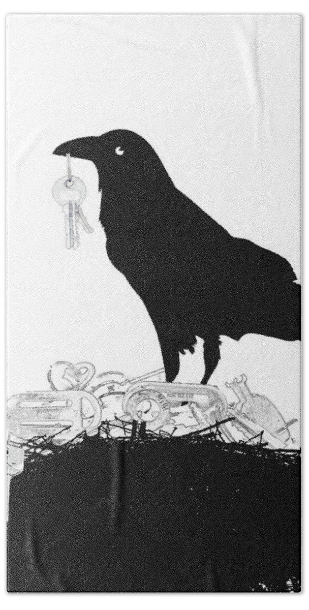 Crow Bath Towel featuring the mixed media Nevermore to be Found by Moira Law