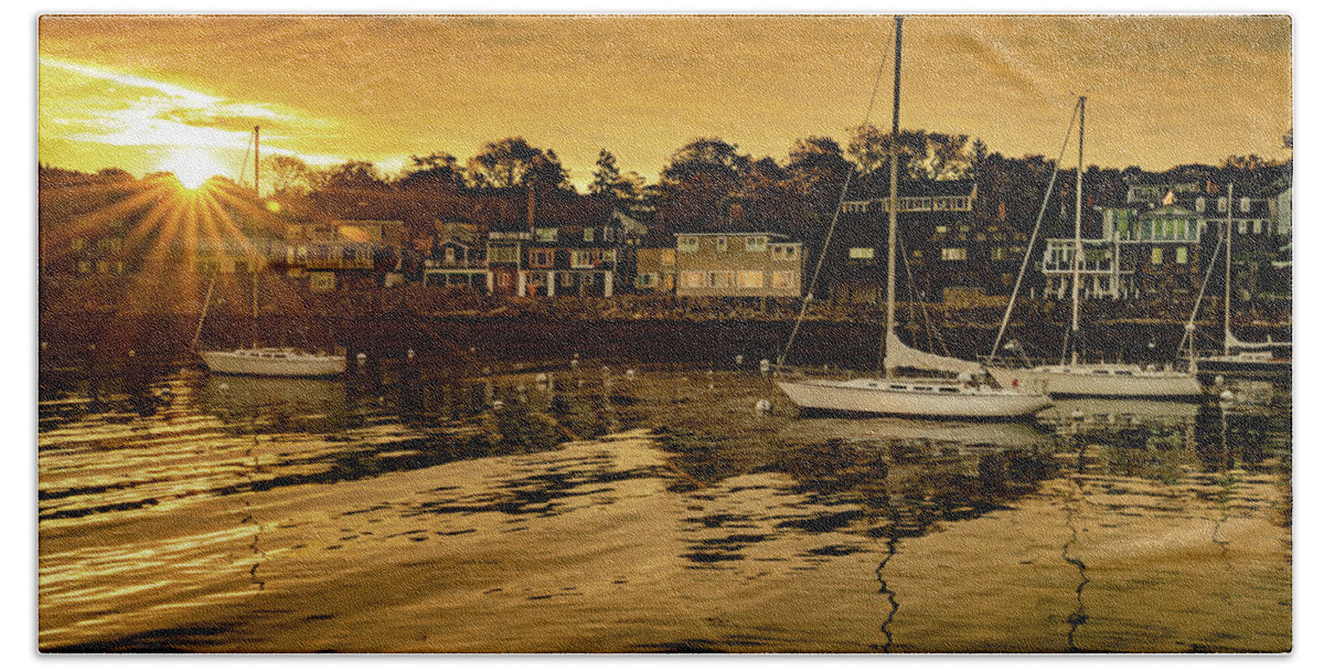 America Hand Towel featuring the photograph New England Sailboats at Sunrise in Rockport Harbor by Gregory Ballos