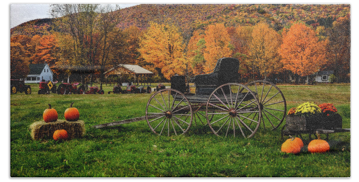 Farm Machinery Bath Towel featuring the photograph New Hampshire buggy and fall colors by Jeff Folger