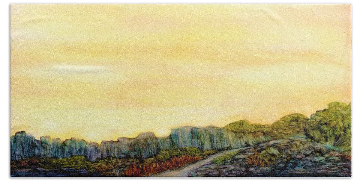 Sunrise Bath Towel featuring the painting New Mexico Skyline by Angela Marinari