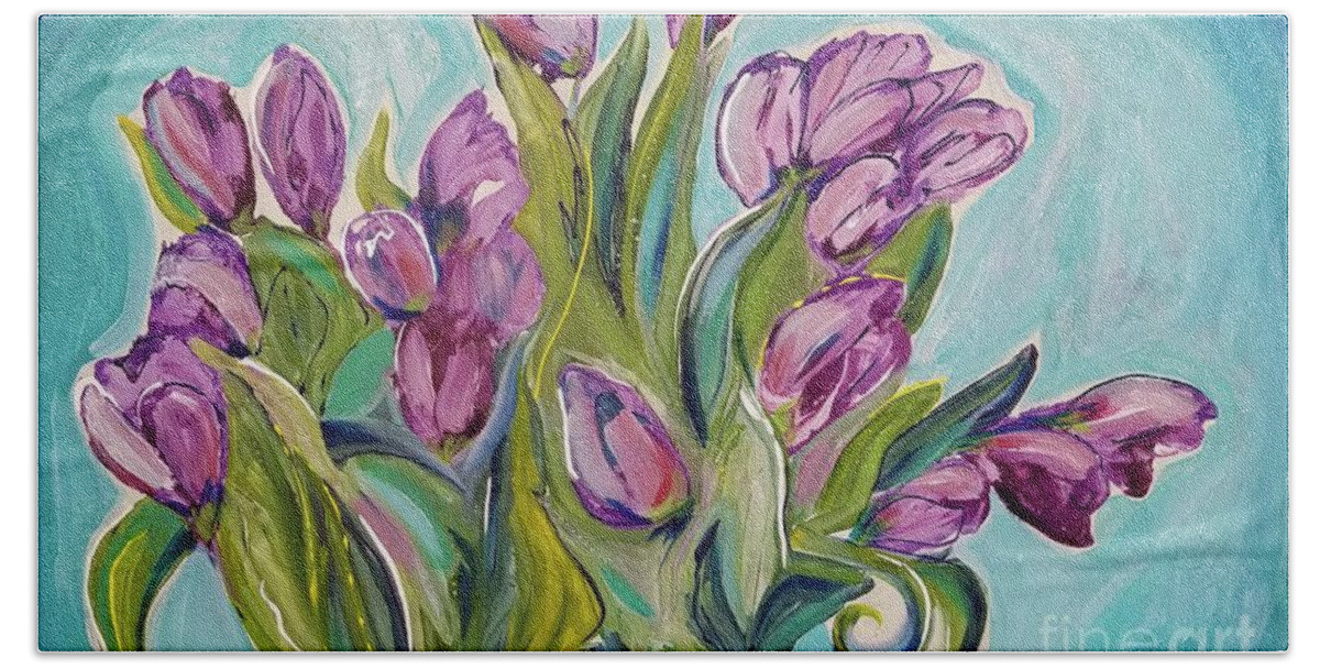 Tulips Bath Towel featuring the painting New Tulips by Catherine Gruetzke-Blais