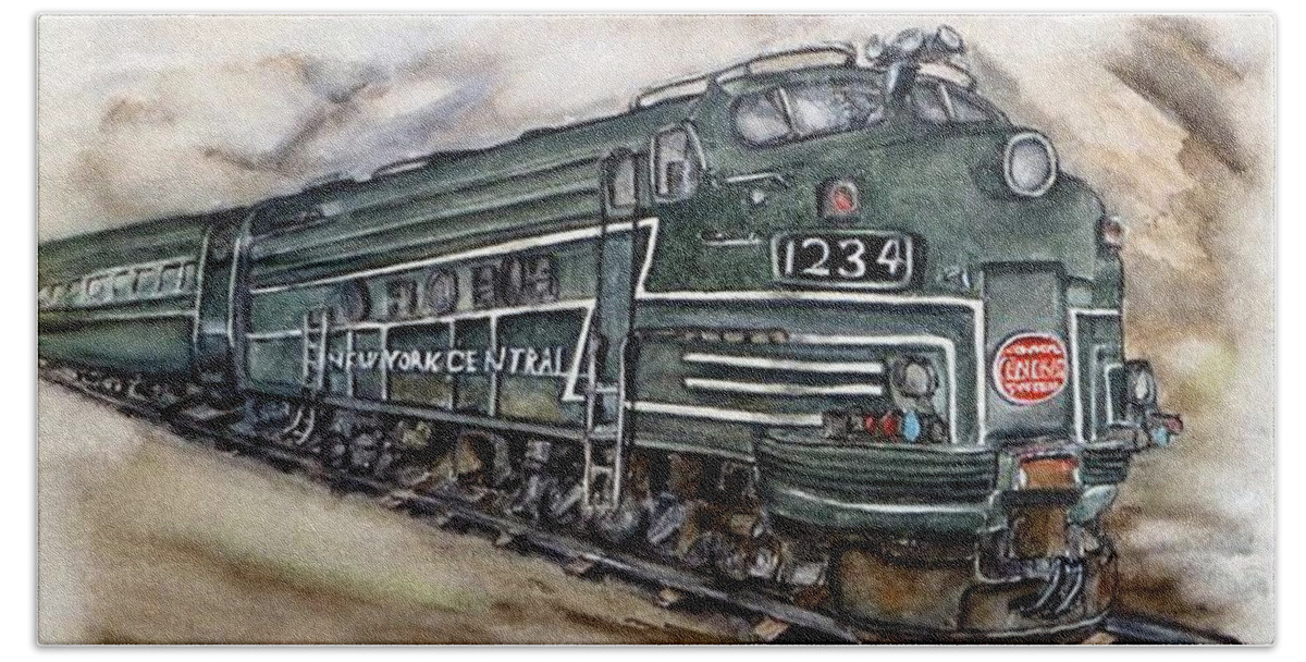 New York Central E-8aa Train Bath Towel featuring the painting New York Central Train by Kelly Mills